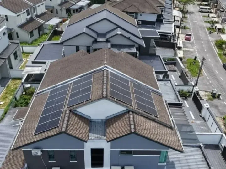 Aerial view of an 18 panel solar system on a roof at Regent Heights, Kuching